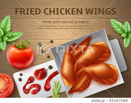 Realistic meat chicken banner. Roasted wings with tomato and herbs, spices and ketchup, fresh ingredients on white plate, wooden surface, 3d isolated elements, barbecue utter vector concept Realistic meat chicken banner. Roasted wings with tomato and herbs, spices and ketchup, fresh ingredients on white plate, wooden surface, 3d isolated elements, barbecue utter vector concept 93167089