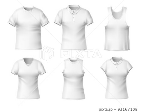 Realistic blank t-shirts. Clear white textile clothes mockup, male and female empty templates front view, different types collars and sleeves, round and triangular cutouts, utter vector set Realistic blank t-shirts. Clear white textile clothes mockup, male and female empty templates front view, different types collars and sleeves, round and triangular cutouts, utter vector set 93167108