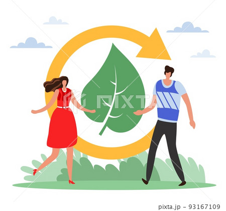 Preservation sustainable green forest environment. Circulation of resources, waste recycling, man and woman with leaf and recycle sign, eco friendly people vector cartoon flat concept Preservation sustainable green forest environment. Circulation of resources, waste recycling, man and woman with leaf and recycle sign, eco friendly people vector cartoon flat concept 93167109