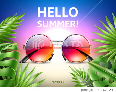Hello summer sunglasses poster. Realistic color eyewear with green palm leaves, beach vacation banner, round frame, summertime party or festival, tropical beach print, utter vector concept 93167124