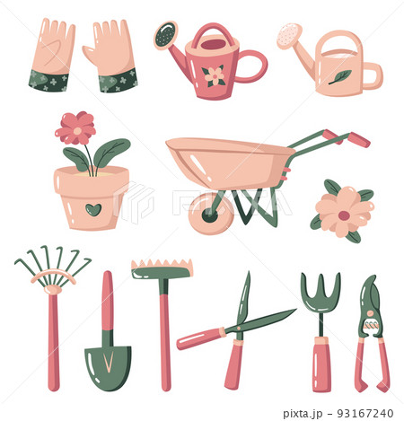 Garden tools vector set.  Hand drawn equipment for gardening, agricultural items - shovel, rake,  secateurs, watering can, garden cart. Cartoon design elements.  93167240