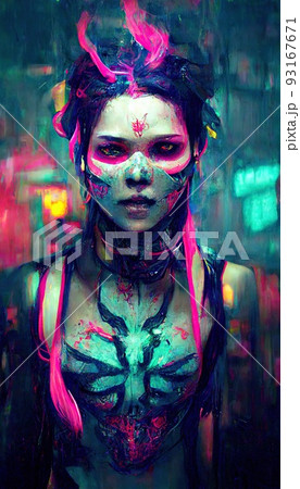 Portrait of a girl in a futuristic cyberpunk style in neon clothes. A high-tech man from the future. The concept of virtual reality and cyberpunk. Perfect for phone wallpaper or for posters. 93167671