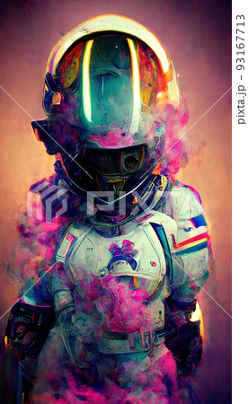 Portrait of a neon astronaut from the future. An astronaut posing in an astronaut costume and space helmet in the middle of multicolored smoke. Perfect for phone wallpaper or for posters. Portrait of a neon astronaut from the future. An astronaut posing in an astronaut costume and space helmet in the middle of multicolored smoke. Perfect for phone wallpaper or for posters. 93167713