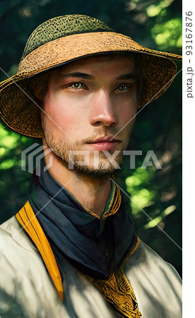 Portrait of a medieval explorer traveler. A young man in the jungle. Ancient explorer of new lands. Perfect for phone wallpaper or for posters. 93167876