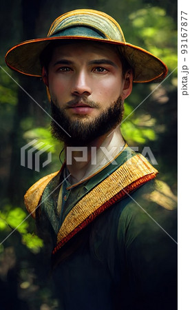 Portrait of a medieval explorer traveler. A young man in the jungle. Ancient explorer of new lands. Perfect for phone wallpaper or for posters. 93167877