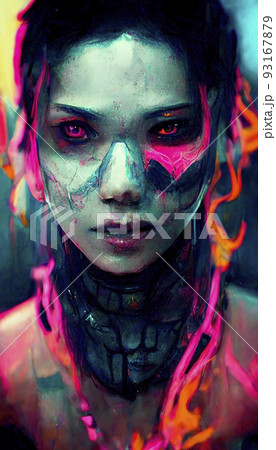 Portrait of a girl in a futuristic cyberpunk style in neon clothes. A high-tech man from the future. The concept of virtual reality and cyberpunk. Perfect for phone wallpaper or for posters. 93167879