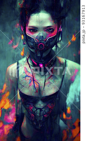 Portrait of a girl in a futuristic cyberpunk style in neon clothes. A high-tech man from the future. The concept of virtual reality and cyberpunk. Perfect for phone wallpaper or for posters. Portrait of a girl in a futuristic cyberpunk style in neon clothes. A high-tech man from the future. The concept of virtual reality and cyberpunk. Perfect for phone wallpaper or for posters. 93167913