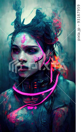 Portrait of a girl in a futuristic cyberpunk style in neon clothes. A high-tech man from the future. The concept of virtual reality and cyberpunk. Perfect for phone wallpaper or for posters. Portrait of a girl in a futuristic cyberpunk style in neon clothes. A high-tech man from the future. The concept of virtual reality and cyberpunk. Perfect for phone wallpaper or for posters. 93167959