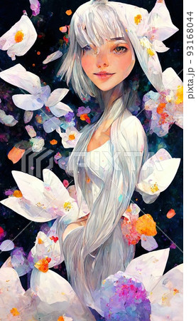 Portrait of an anime girl against a background of flowers. Anime