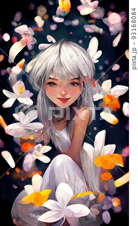 Portrait of an anime girl against a background of flowers. Anime