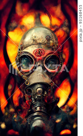 Gothic horror dark scene with steampunk skull and flames. Artistic abstract gothic. The concept of dark steampunk gothic. Perfect for phone wallpaper or for posters. 93168455