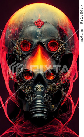 Gothic horror dark scene with steampunk skull and flames. Artistic abstract gothic. The concept of dark steampunk gothic. Perfect for phone wallpaper or for posters. 93168457