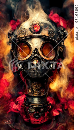 Gothic horror dark scene with steampunk skull and flames. Artistic abstract gothic. The concept of dark steampunk gothic. Perfect for phone wallpaper or for posters. 93168699
