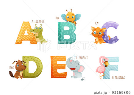 Animal Near Big Alphabet Letter with Name for Preschool Education Vector Set 93169306