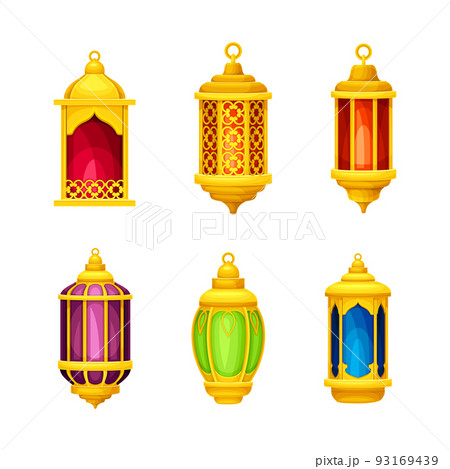 Bright Arabic Lantern with Golden Ornamental Frame and Hoop for Hanging on Top Vector Set 93169439