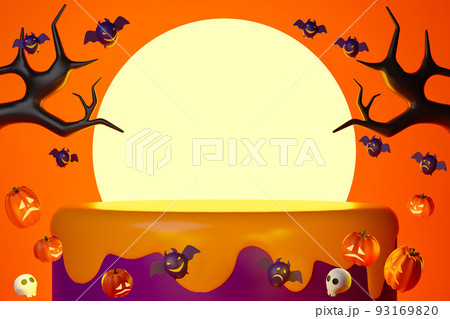 3d rendering Halloween day podium with big shiny moon, dead trees, Jack O Lantern, skulls and bats. 93169820