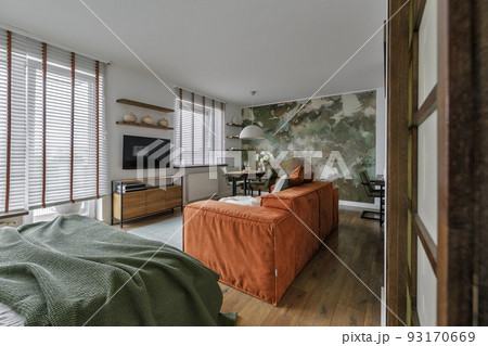 Modern Japandi interior design appartment in earth tones, natural textures with wooden solid oak furniture and sliding Japanese wood doors. Japandi concept Modern Japandi interior design appartment in earth tones, natural textures with wooden solid oak furniture and sliding Japanese wood doors. Japandi concept 93170669