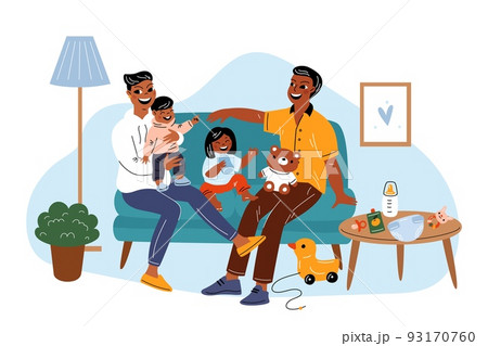 Happy motherhood. Smiling family sitting on sofa in living room. Laughing children and young parents. Home atmosphere. Baby care. Mother and father with toddlers. Garish vector concept Happy motherhood. Smiling family sitting on sofa in living room. Laughing children and young parents. Home atmosphere. Baby care. Mother and father with toddlers. Garish vector concept 93170760