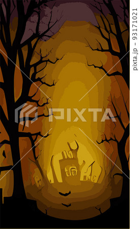Forest landscape with dead trees at night and graveyard in yellow tint. Vector illustration of a vertical poster with copy space. Concept for autumn halloween holiday 93171021