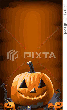 vintage pumpkin on plain background with copy space for your text, vertical poster. main symbol holiday Happy Halloween. Orange pumpkin with smile for your Halloween design. vector illustration. 93171037