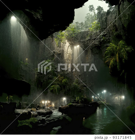 Natural Lake Inside a Cave with Lush Greenery 93171845