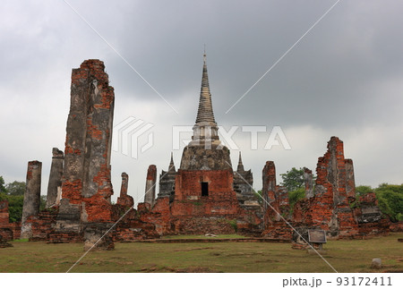 Ancient pagoda, Ruins of pagoda at Wat Phra Si Sanphet temple in Ayutthaya historical park,  Ruins of the old capital of Siam Kingdom in Thailand. 93172411