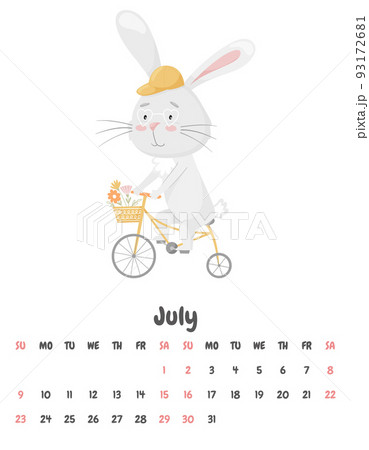 Calendar page for the month of July 2023 with a cute smiling rabbit riding a bicycle with a basket of flowers. Adorable animal, a character in pastel colors. Vector illustration on a white background. Calendar page for the month of July 2023 with a cute smiling rabbit riding a bicycle with a basket of flowers. Adorable animal, a character in pastel colors. Vector illustration on a white background. 93172681