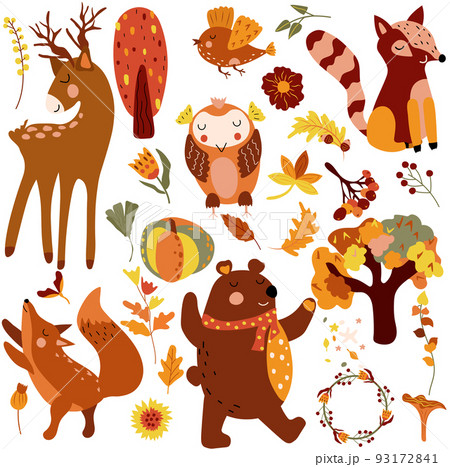 Autumn set, cute woodland animals cute deer, cunning fox, owl and others autumn elements, colored trees, autumn leaves, mushrooms. Perfect for web, harvest festival, banner, card and Thanksgiving. 93172841
