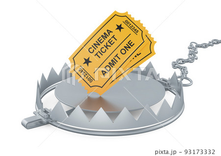 Cinema tickets inside bear trap, 3D rendering Cinema tickets inside bear trap, 3D rendering 93173332