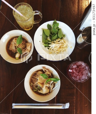 Thai style noodle blood soup,boat noodle,delicious dish,famous Thai noodle soup. Say Moo nam tok Thai style noodle blood soup,boat noodle,delicious dish,famous Thai noodle soup. Say Moo nam tok 93173497