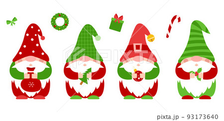 A set of small Christmas dwarfs in red, green clothes and hats, who hold New Year's attributes in their hands.Cute little gnomes, cartoon characters. Color vector illustration in flat style on white. A set of small Christmas dwarfs in red, green clothes and hats, who hold New Year's attributes in their hands.Cute little gnomes, cartoon characters. Color vector illustration in flat style on white. 93173640
