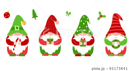 A set of small Christmas dwarfs in red, green clothes and hats, who hold New Year's attributes in their hands.Cute little gnomes, cartoon characters. Color vector illustration in flat style on white. 93173641