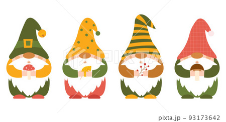 A set of small autumn punchy dwarfs in caps who hold mushrooms, twigs, berries, a leaf in their hands. Cute little forest gnomes, cartoon characters. Color vector illustration in a flat style. A set of small autumn punchy dwarfs in caps who hold mushrooms, twigs, berries, a leaf in their hands. Cute little forest gnomes, cartoon characters. Color vector illustration in a flat style. 93173642