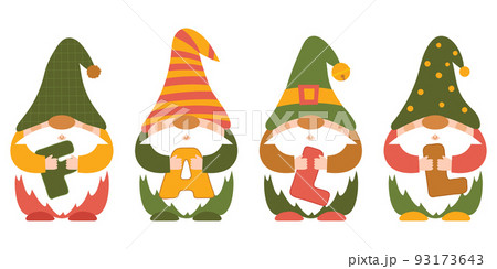 A collection of small autumn punchy dwarfs in caps who hold the letters FALL in their hands. Cute little forest gnomes, cartoon characters. Color vector illustration in a flat style isolated on white A collection of small autumn punchy dwarfs in caps who hold the letters FALL in their hands. Cute little forest gnomes, cartoon characters. Color vector illustration in a flat style isolated on white 93173643