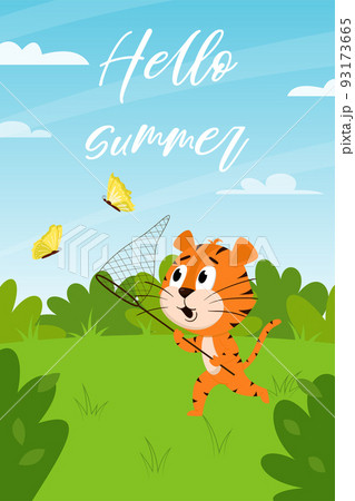 Cute cartoon tiger runs across the field after butterflies. Background of a summer landscape with bushes and grass.Vertical rectangular card with an adorable character.Hello summer.Vector illustration 93173665