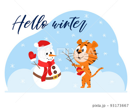 Cute cartoon tiger sculpts a snowman. A snowman with a scarf and a carrot. A postcard with an adorable character and the words Hello winter. Color vector illustration on a blue spot background. 93173667