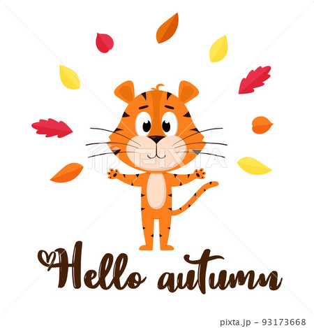 Cute cartoon tiger tosses autumn colorful leaves. A postcard with an adorable character and the words Hello autumn. Color vector illustration isolated on a white background. 93173668