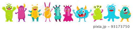A set of cute monsters. Bright cartoon characters. Children's vector illustration. Flat style, isolated on a white background. 93173750
