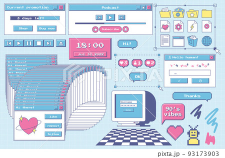 A set of user interface design elements in 80s, 90s retro style. Old computer aesthetics. Vintage nostalgic icons and windows. Folder icons,, monitor, frozen dialog box, player. Vector illustration 93173903