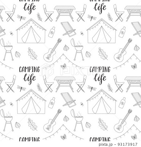 Camping seamless pattern. Travel equipment and gear. Hand drawn outline hiking elements and lettering. Doodle backdrop for website, banner, textile, packaging design. Vector illustration on white 93173917