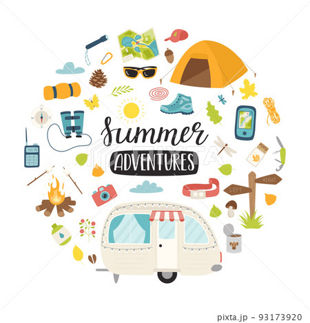 A set of elements for camping, travel, picnic, tourism. Tourist inventory. Round composition as a print on clothes, postcards, web design. Flat vector illustrations isolated on a white background. A set of elements for camping, travel, picnic, tourism. Tourist inventory. Round composition as a print on clothes, postcards, web design. Flat vector illustrations isolated on a white background. 93173920