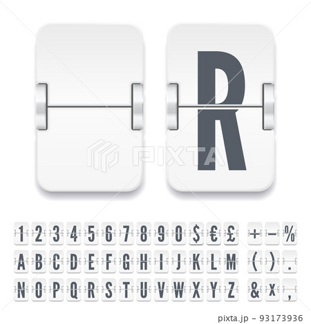 Terminal scoreboard font for flight departure info vector illustration. White airport flip board mechanical alphabet with numbers and symbols for destination information and timetable Terminal scoreboard font for flight departure info vector illustration. White airport flip board mechanical alphabet with numbers and symbols for destination information and timetable 93173936