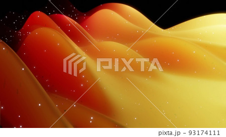 3d rendering. Abstract 3D surface with beautiful waves, luminous sparkles and bright red yellow color gradient. Waves on matte surface with glow glitter 93174111
