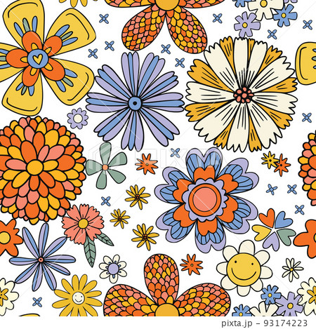Seamless 70's retro hippie flowers pattern - Vintage groovy all over floral daisy print. Coloring seamless flower pattern retro style. 93174223