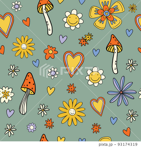 Retro 70s 60s Floral Hippie Mushrooms Summer...のイラスト素材 [93174319] - PIXTA