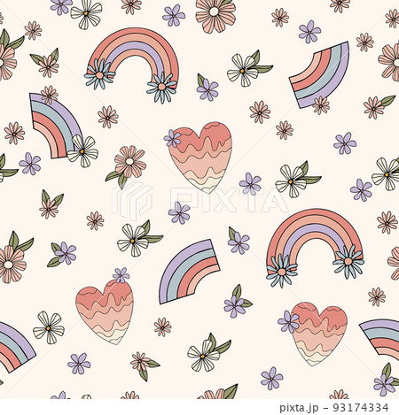 Rainbow and heart seamless pattern. pastel color pink, lilac, beige. Vector rainbow in cartoon scandinavian style for kids wrapping paper, textile, wallpaper, prints, fabric. 93174334