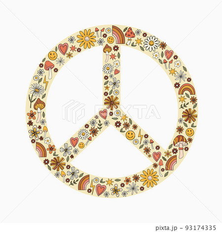 Floral peace symbol. Peace sign. Wildflowers in the shape of a symbol of peace. Peace symbol with flowers in yellow. Vector illustration. 93174335