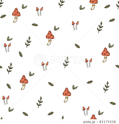 Seamless pattern with cute red mushrooms and leaves on white background. Autmn simple pattern. 93174336