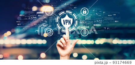 VPN concept with hand pressing a button 93174669