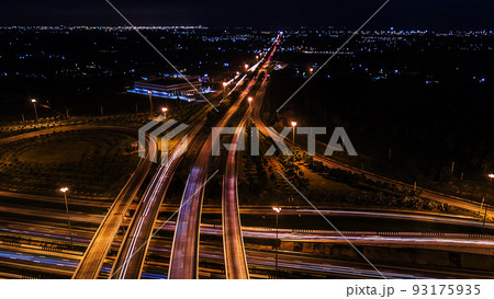 over Road city highway at night - Bird eye viwe - drone -Top view over Road city highway at night - Bird eye viwe - drone -Top view 93175935